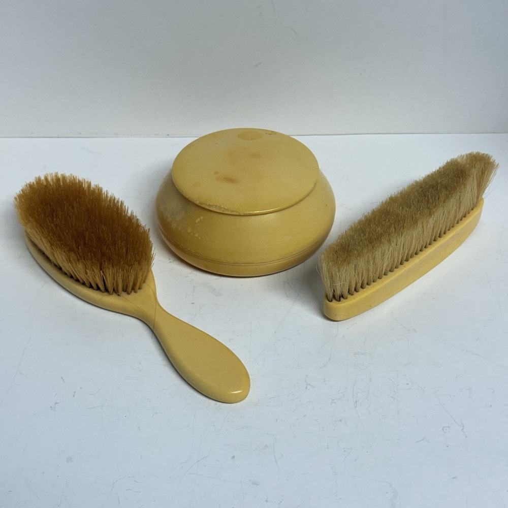 Vintage Celluloid Vanity Dresser‎ Set Brushes Clothing Brush Powder Jar With Lid